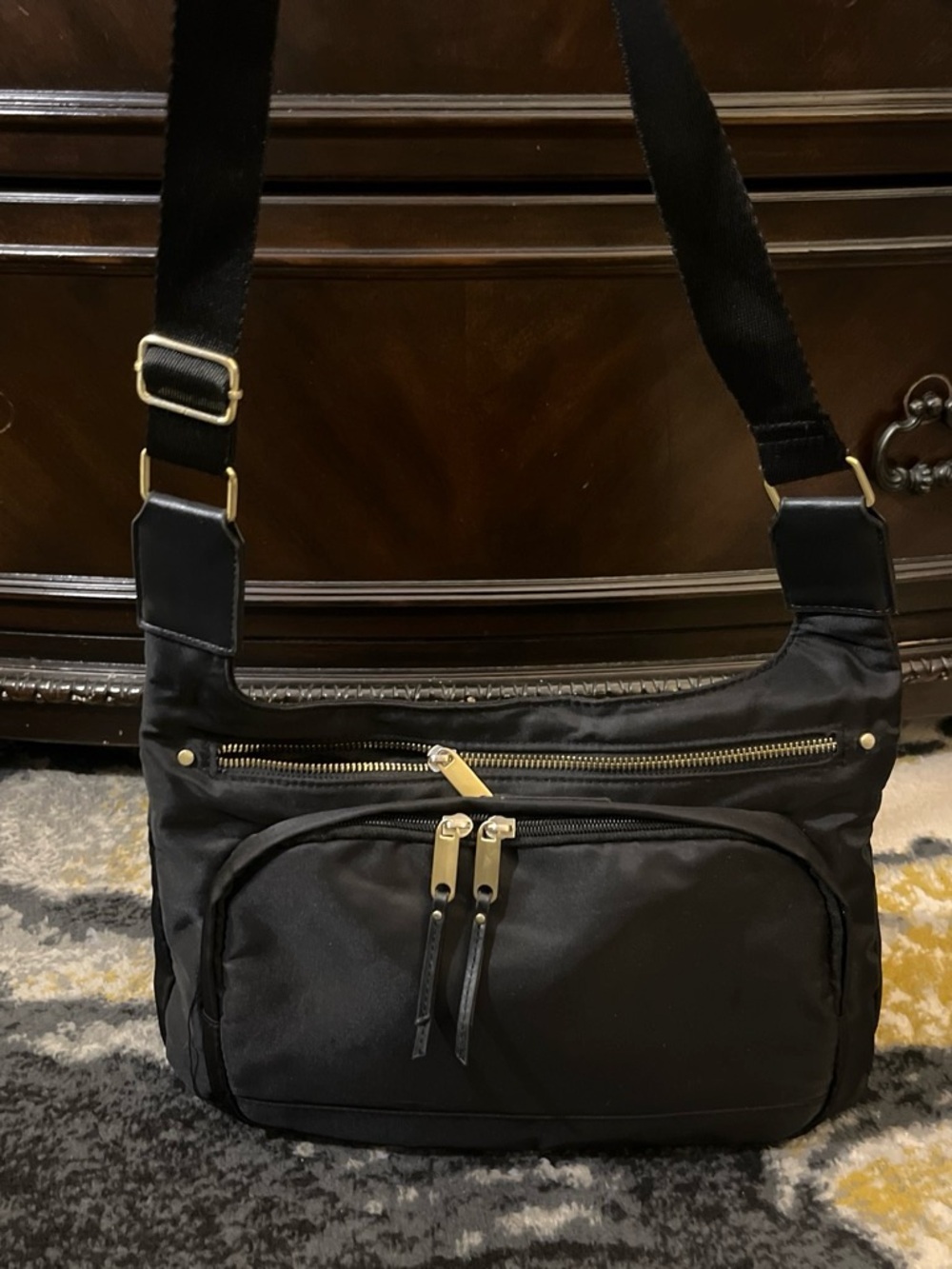 Men's Black Messenger Crossbody Bag with Gold Accents
